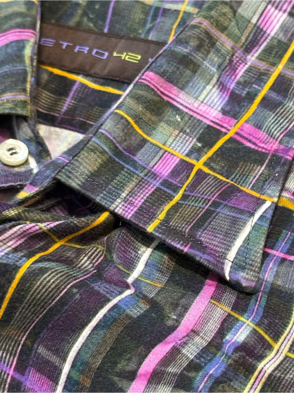 Etro made in Italy Men’s Plaid Button-Up Shirt — Purple & Green